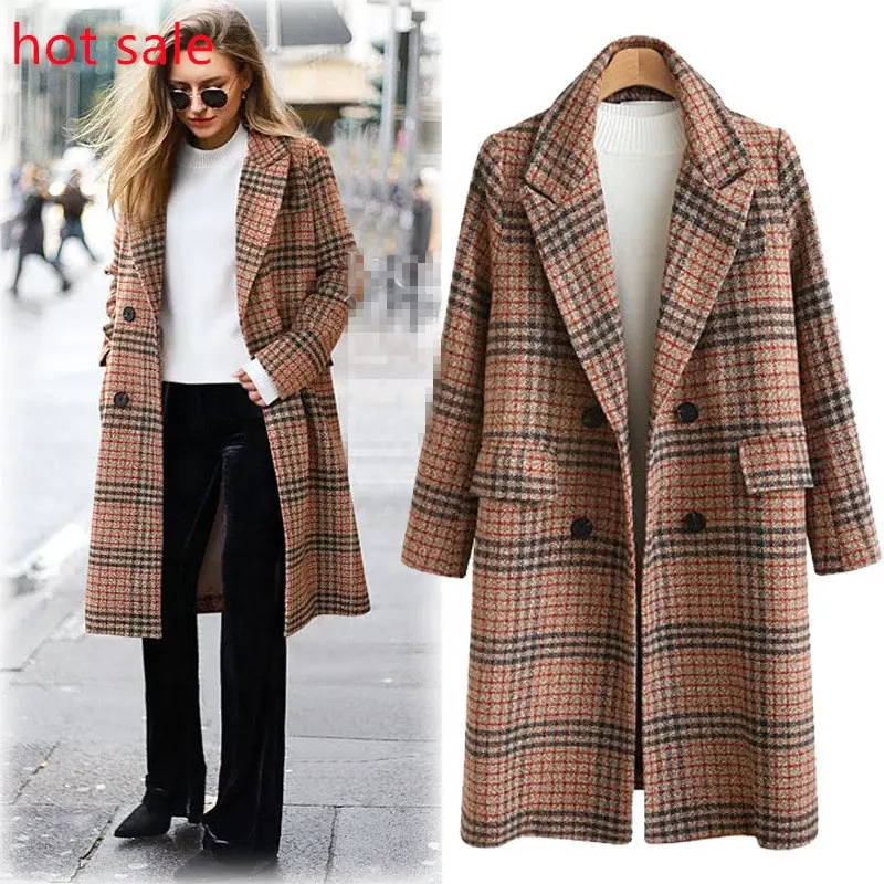 2022 winter fashion wool casual button plus size women's famous plaid long jacket name brand luxury designer tweed coat