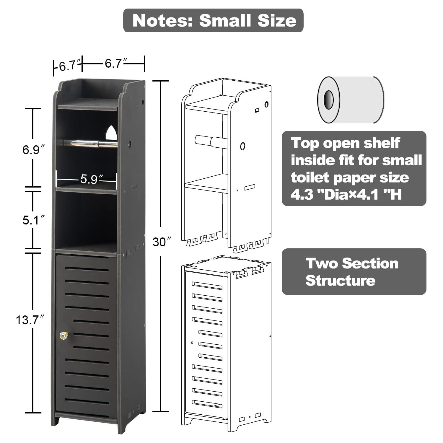 Meuble de toilette étroit noir [unité enroulable amovible à porte unique]