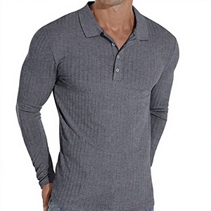 Polo en tricot à manches longues pour homme, gris foncé uni, décontracté, boutonné, coupe ajustée - Product Image 1