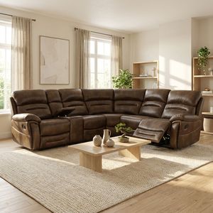 Frank Modern Large Corner Sectional Recliner <b>Sofa</b> with Drop-Down <b>Table</b> and Cup Holder, Air Leather Material - Product Image 1