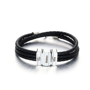 Pulsera de Cuero Trenzado con Dije Liso Grabable de Acero Inoxidable |   Logotipo en blanco o personalizado disponible |   Regalo del Día del Padre - Product Image 5