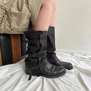 Botas de estilo Wasteland con hebilla de cinturón, negras, holgadas, para mujer, botas vaqueras retro desgastadas, versión de cuero vacuno, botas a media pantorrilla - Product Image 2