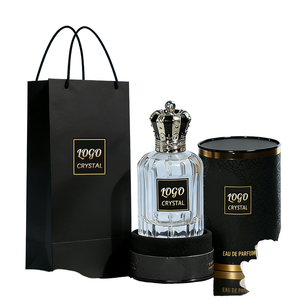 Botella de Perfume de Cristal con Logotipo, Tapa de Corona, Diseño con Estampado Dorado, Eau de Parfum, Forma Redonda - Product Image 1