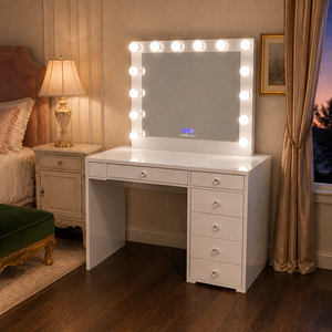 Mesa de Maquillaje OEM <span class=keywords><strong>con</strong></span> Espejo Digital Iluminado, <span class=keywords><strong>Cajones</strong></span> <span class=keywords><strong>con</strong></span> Perillas de Cristal y Cómoda Alta, Tocador de Diseño Personalizado para Exportación - Product Image 1