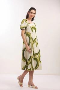 ชุดเดรสยาวคลุมเข่าสีเขียวเขตร้อนของ2025สำหรับผู้หญิงชุดเดรสลำลองแขนครึ่งส่วนผ้าคอตตอนผ้าย่นเบาเสื้อผ้าสำหรับใส่ในวันหยุดพักผ่อน - Product Image 4