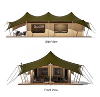 Tente de safari robuste 11x9m, résistante aux intempéries 4 saisons, en toile, maison de glamping ignifuge, deux chambres, semi-permanente