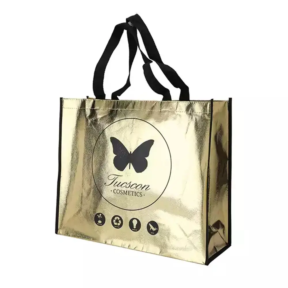 Custom Oem Glossy Reusable Large Bopp Gold Metallic Laminated PP Non Woven Shopping Non-woven Tote Bag With Logo