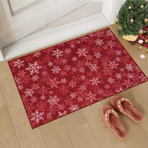 Felpudo de copo de nieve rojo de Navidad, alfombra lavable antideslizante de pila baja para cocina, baño, decoración del hogar, alfombra de entrada en Stock - Product Image 1