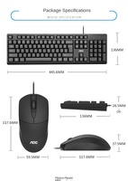 Ensemble clavier et souris filaire ergonomique AOC KM160 pour ordinateur portable et ordinateur de bureau, avec interrupteur noir, LED, étanche, USB, 1600 DPI