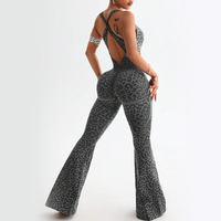 Combinaison de yoga évasée à imprimé léopard pour femme, dos croisé, sans couture, moulante, pour le sport, la gym et le Pilates