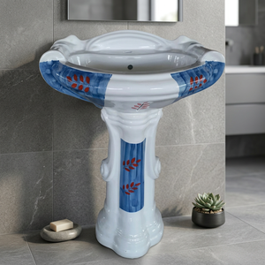 Modern Square Granite Style Ceramic Wash Basin With Full Pedestal For Mall Bathroom Commercial Use - Product Image 2