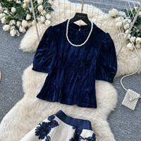 Ensemble élégant pour femmes, été, 2 pièces, haut en velours à manches bouffantes, bordure en perles, jupe courte en maille brodée florale, style A-line