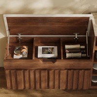 Banc de rangement à chaussures en noyer cannelé de style moderne du milieu du siècle, avec tiroir et porte, meuble d'entrée et organisateur