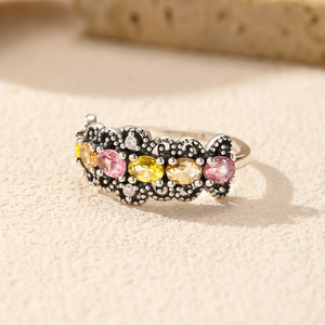 S925 Silver Vintage Cluster <b>Ring</b> With Pink Yellow <b>Crystal</b> Rhinestones Pave Setting Women's Everyday Wear - Product Image 3
