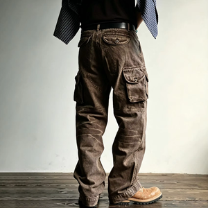 Top Selling Men's Canvas Breathable Vintage Brown Acid Wash Distressed Multi-Pocket <b>Wide</b> <b>Leg</b> Mid Waist Casual <b>Cargo</b> Pants - Product Image 3
