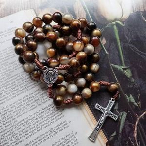 Catholic Rosary Beaded Necklace Hand-strung 10mm Faux Agate <b>Beads</b> in a Vintage Style Woven - Product Image 1