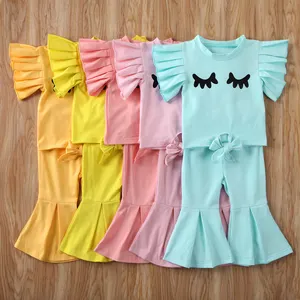 新款夏季可爱女婴服装套装短款飞袖T恤 + 耀斑裤子糖果色服装2件套装