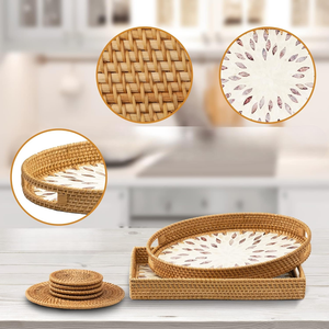 Vente en gros de plateau décoratif en rotin rond naturel avec nacre pour table basse ou décoration intérieure du Vietnam - Product Image 3