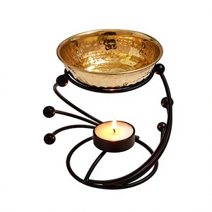 Iron Leaf Design Black Powder Coated Aroma <b>Oil</b> Diffuser Religious Incense <b>Burner</b> With Brass Hammered Design Round <b>Oil</b> Bowl Deco - Product Image 1