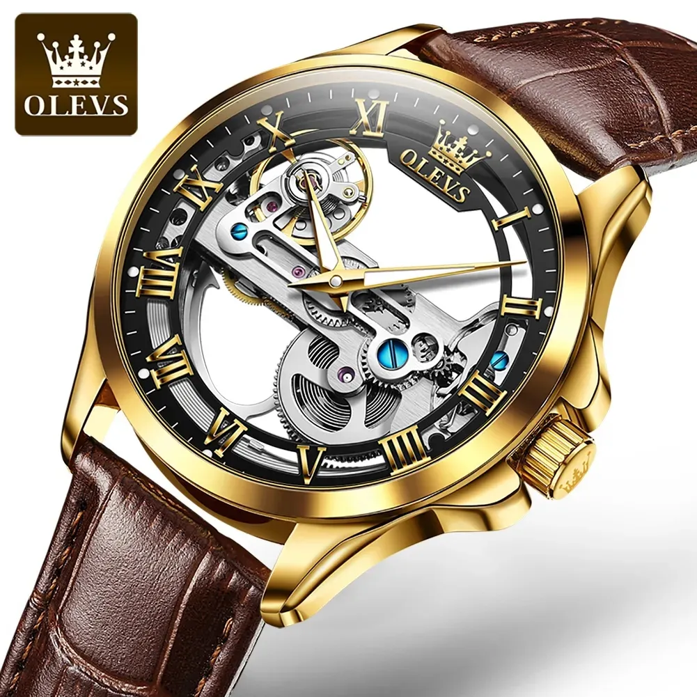 OLEVS 6661 orologio impermeabile con cinturino in vera pelle per uomo orologio da polso luminoso da uomo meccanico automatico intagliato cavo Casual