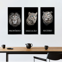 Ensemble de trois tableaux muraux en cristal représentant des animaux (Lion, Tigre, Aigle, Hibou, Léopard) avec cadre en alliage d'aluminium pour bureau et salon