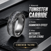 Bague en tungstène noir martelé à facettes avec incrustation de météorite et de corde de guitare, alliance pour homme, ajustement confortable, cadeau de fiançailles