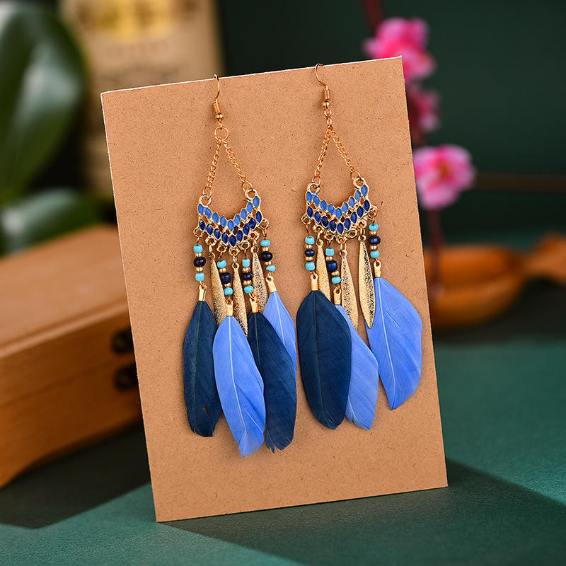Vintage Ethnic Bohemian Style Handmade Boho Statement Colorful Real Feather  Tassel Pendant Earring Jewelry for Woman - Main Image