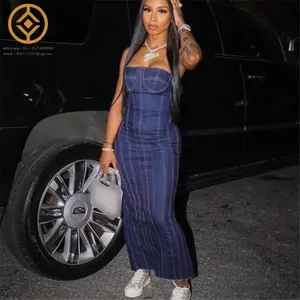 H8503C Frauen Reiß verschluss Fly Back Träger los geste ppte Denim Blau Jean Bodycon Midi Maxi kleid 2023 Street Vestidos Sexy Party kleider