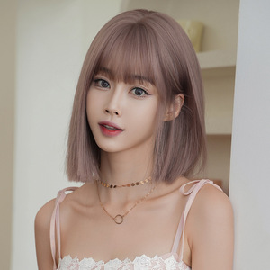 Ainizi Nouvelle perruque synthétique de style coréen 34 cm, coupe courte bob avec frange, rose poudré et brun, tendance pour femmes - Product Image 4
