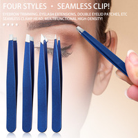 4 Uds pinzas de extensión de pestañas de acero inoxidable azul OEM juego de pinzas de cejas de precisión de cabeza plana puntiaguda inclinada