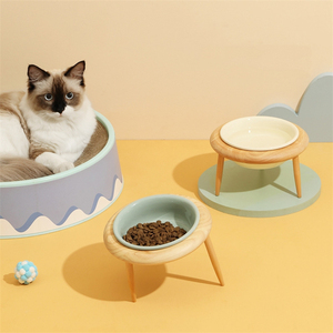 ชามเซรามิกทรงแมวแบบยกสูง,ชามอาหารสัตว์เลี้ยงแบบเอียงทำจากไม้เนื้อแข็ง - Product Image 5
