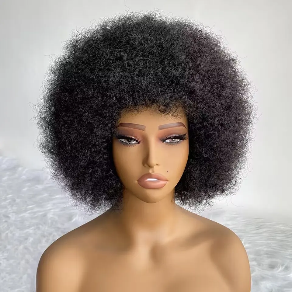 Wig Afro 70s untuk wanita, Wig Puff besar dengan poni tanpa lem Cosplay pendek halus Afro keriting Wig sintetis untuk WANITA HITAM