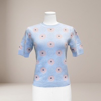 Suéter de Punto de Algodón y Seda para Mujer SS23, Diseño Floral Personalizado, Cuello Redondo, Manga Corta, Delgado, Transpirable, de Secado Rápido para Primavera