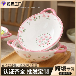 Wholesale 6-inch home and commercial fresh floral ceramic instant noodle bowl, anti-scalding double-handled <b>soup</b> bowl, creative - Product Image 3