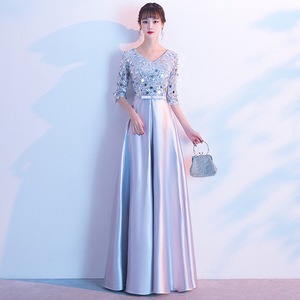 Women's Long Evening Gown V-Neck A-Line <b>Sequined</b> Ballroom Dress For Choir Hosts Gold Champagne Color - Product Image 3