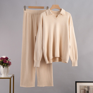 50% de descuento, venta al por mayor, conjuntos de punto, suéter de invierno, cuello Polo, jersey de lana de punto, pierna ancha, largo, dos piezas, conjuntos de suéter de Invierno para mujer - Product Image 6
