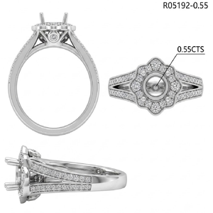 แหวนทองคำขาว 18K ลายดอกไม้ ประดับเพชรธรรมชาติทรงกลม ดีไซน์วงแหวนแบบ Scalloped พร้อมฐานแหวนแบบ Split Shank - Product Image 5