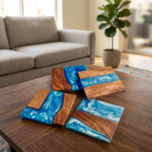 Dessous de verre en résine époxy d'art ancien fait à la main avec des tapis et des tampons en bois créés par des artisans - Product Image 2