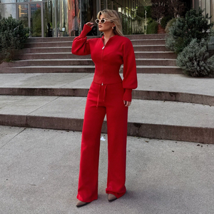 Ensemble décontracté transfrontalier 2026 Automne/Hiver – Haut tricoté uni zippé coupe ajustée et pantalon taille haute à jambes larges – Ensemble deux pièces - Product Image 3