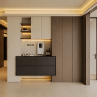Maßgefertigter Moderner Eingebauter Eingangsbereich-Aufbewahrungsschrank Griffloser Wandmontierter Schrank mit Holzfurnier-Paneelen und LED-Regalen