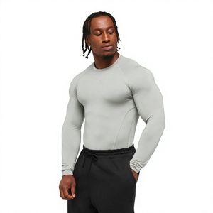 Men's <b>Long</b> <b>Sleeve</b> Compression Shirt Solid Gray O-Neck Slim Fit Quick Dry Knitted Polyester Sporty Workout <b>Top</b> - Product Image 2