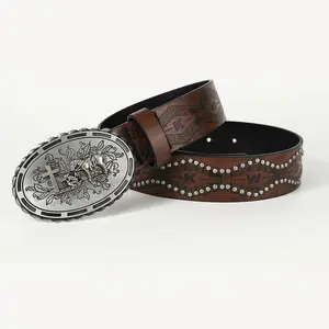 American Western Style Beaded Denim Alloy Buckle Belt Trendy Retro Ethnic Decorative PU Leather Belt For Men And Women