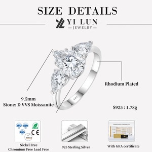 Bague Moissanite en argent sterling 925 Bague de fiançailles en plaqué rhodium D VVS à 3 pierres coupe poire avec certificat GRA - Product Image 5
