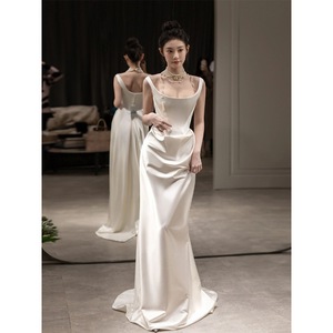 Satin Wedding Dress Milky White Square Collar Natural Waist Zipper Back Bridal Gown For Daily Wear X057 - Product Image 1