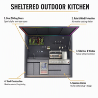 Îlot de cuisine de patio abrié en acier inoxydable 304 avec grill, réfrigérateur, protection contre la pluie et le vent, intérieur spacieux et bande lumineuse LED
