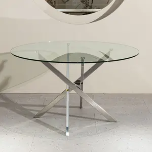 节省空间的小银圆形豪华餐厅钢化餐厅家具套装玻璃桌