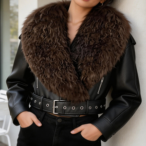 OFTBUY Manteau de luxe en fourrure naturelle de mouton de Mongolie pour <span class=keywords><strong>femme</strong></span>, veste courte en similicuir PU pour printemps-automne, style motard épais - Product Image 1