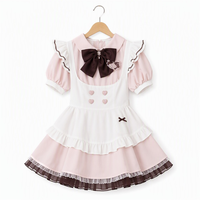 Ensemble de costumes Lolita pour femmes, robe rose douce à manches bouffantes, col avec nœud, jupe en dentelle, tablier à volants, cosplay pour fête d'Halloween