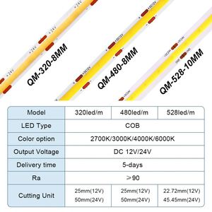 Bande lumineuse <span class=keywords><strong>LED</strong></span> COB sans points 12V 8mm 3000K Blanc chaud <span class=keywords><strong>Ruban</strong></span> flexible pour éclairage indirect encastré - Product Image 2