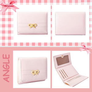 Coquette - Style Mini <b>Wallet</b> with Golden <b>Metal</b> Bow, Soft PU Leather Material for Daily Cash, Card, and Photo Storage - Product Image 3